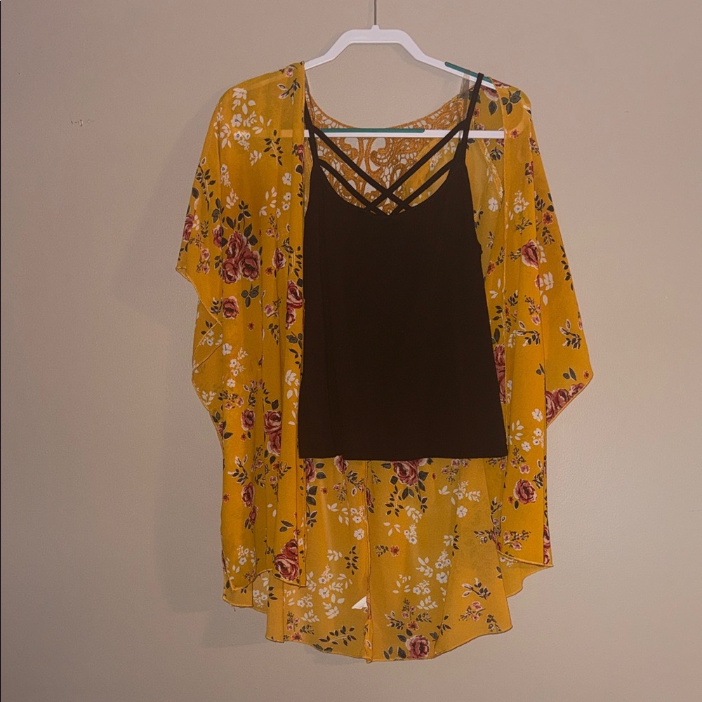 No Boundaries Yellow Floral Kimono with Brown Camisole